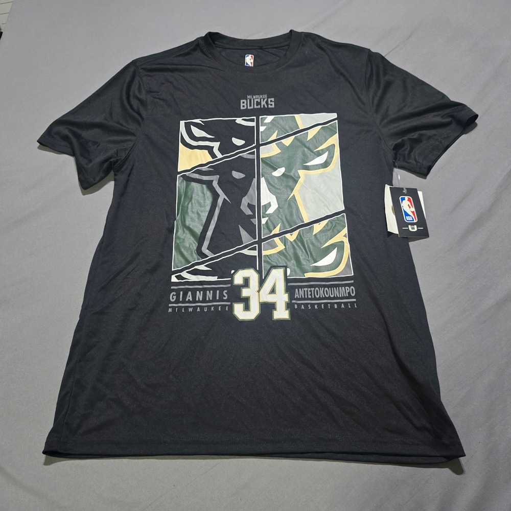NBA Milwaukee Bucks Mens L Black Giannis Antetokounmpo 34 Graphic Tee VTMA377S